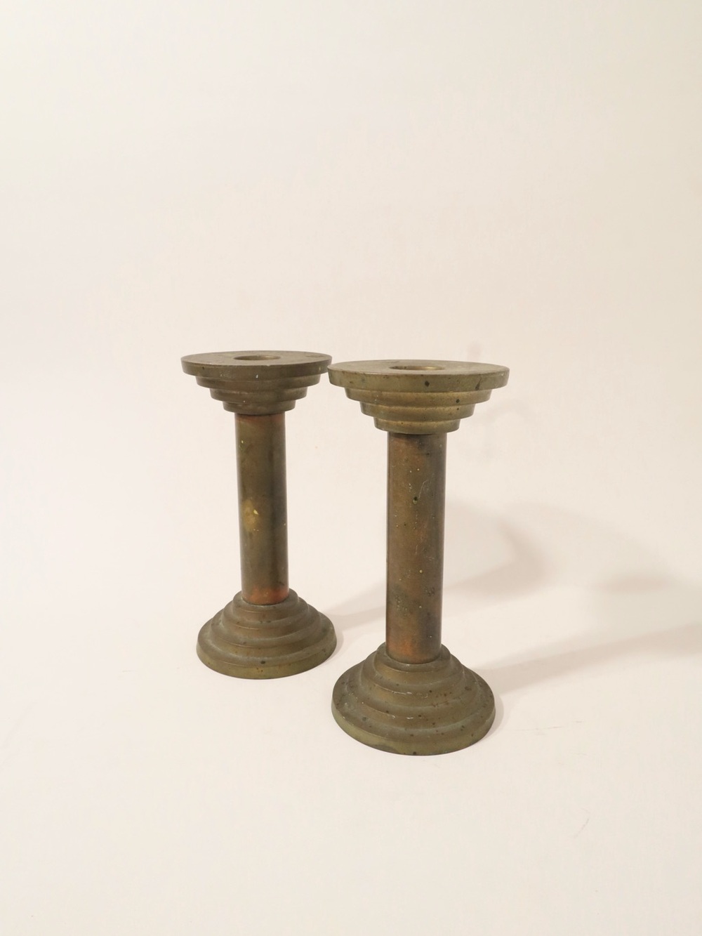 Vintage Heavy Solid Brass Column Candle Holders by TAG classic stepped design